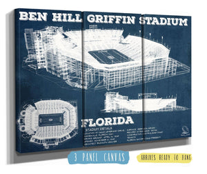 36" x 24" / 3 Panel Canvas Wrap Cutler West Ben Hill Griffin Stadium Art - University of Florida Gators Vintage Stadium & Blueprint Art Print