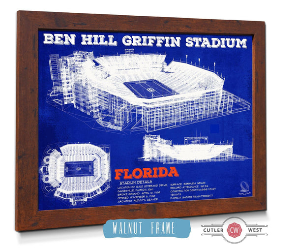 Cutler West Ben Hill Griffin Stadium - University of Florida Gators Vintage Stadium & Blueprint Art Print