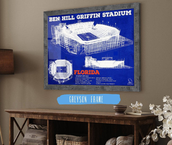 14" x 11" / Greyson Frame Cutler West Ben Hill Griffin Stadium - University of Florida Gators Vintage Stadium & Blueprint Art Print