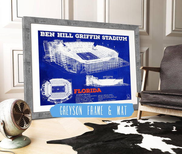 14" x 11" / Greyson Frame & Mat Cutler West Ben Hill Griffin Stadium - University of Florida Gators Vintage Stadium & Blueprint Art Print