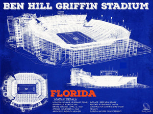 14" x 11" / Unframed Cutler West Ben Hill Griffin Stadium - University of Florida Gators Vintage Stadium & Blueprint Art Print