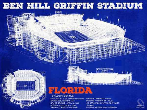14" x 11" / Unframed Cutler West Ben Hill Griffin Stadium - University of Florida Gators Vintage Stadium & Blueprint Art Print