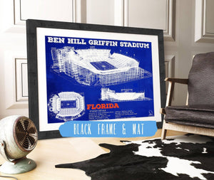 20" x 16" / Black Frame & Mat Cutler West Ben Hill Griffin Stadium - University of Florida Gators Vintage Stadium & Blueprint Art Print