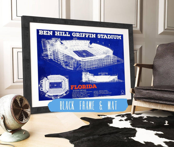 20" x 16" / Black Frame & Mat Cutler West Ben Hill Griffin Stadium - University of Florida Gators Vintage Stadium & Blueprint Art Print