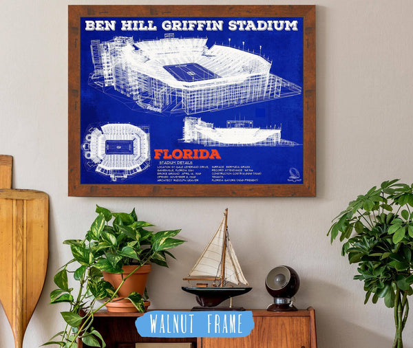 20" x 16" / Walnut Frame Cutler West Ben Hill Griffin Stadium - University of Florida Gators Vintage Stadium & Blueprint Art Print