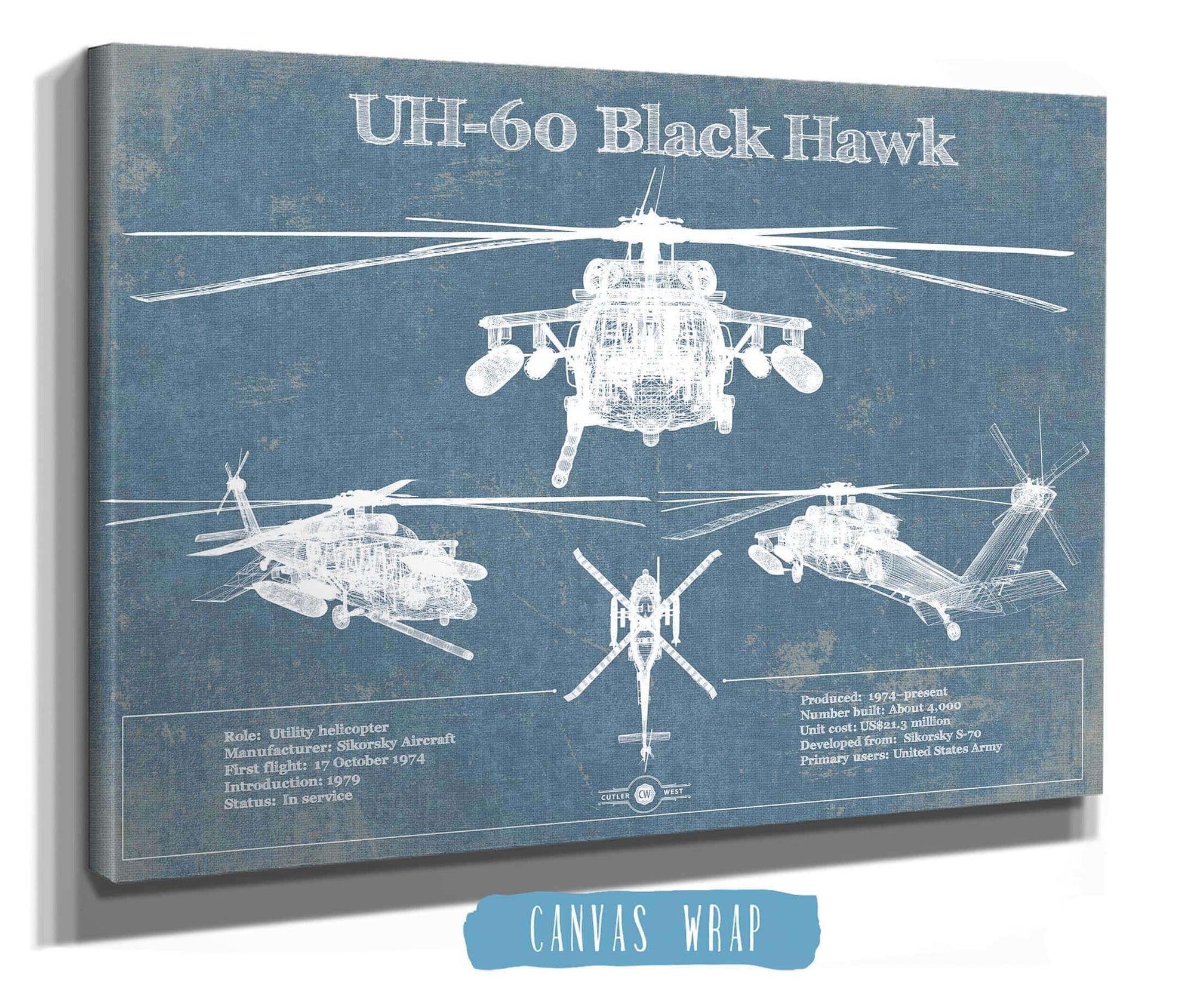 Cutler West Military Aircraft UH-60 Blackhawk Helicopter Vintage Aviation Blueprint Military Print