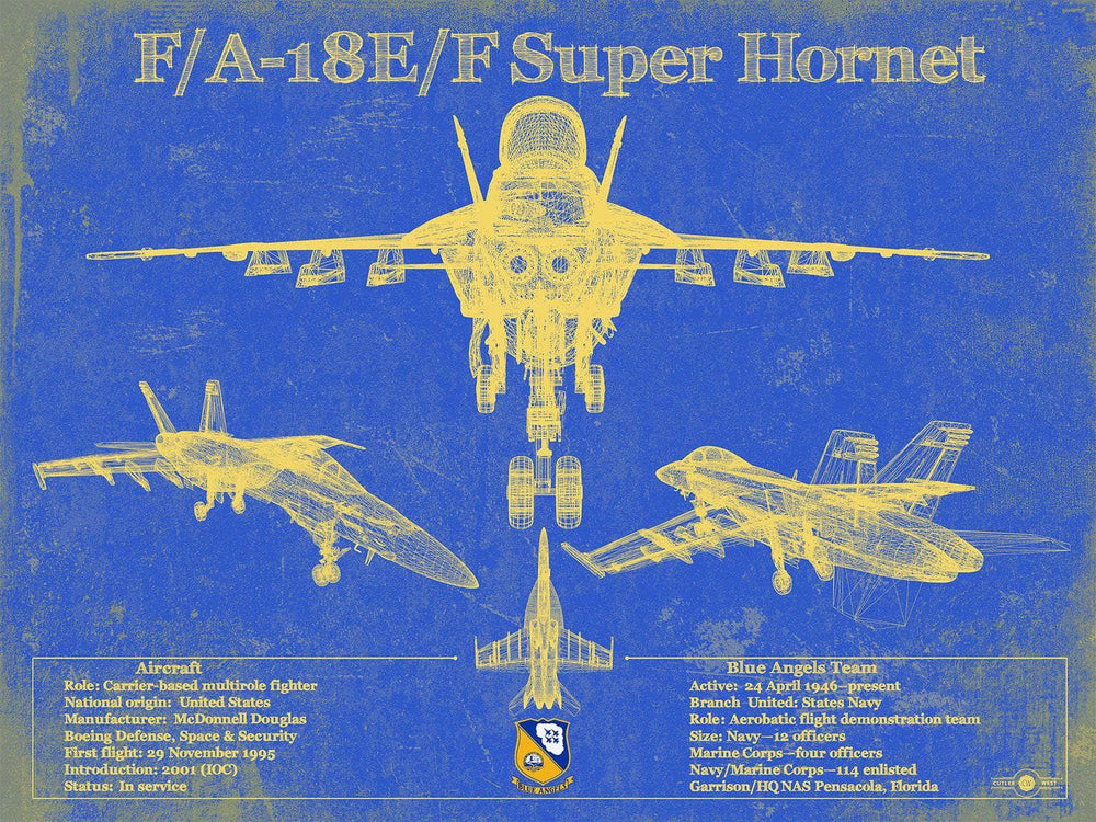 14" x 11" / Stretched Canvas Wrap Cutler West Blue Angels F/A-18F Super Hornet Patent Blueprint Original Military Wall Art