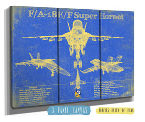 36" x 24" / 3 Panel Canvas Wrap Cutler West Blue Angels F/A-18F Super Hornet Patent Blueprint Original Military Wall Art