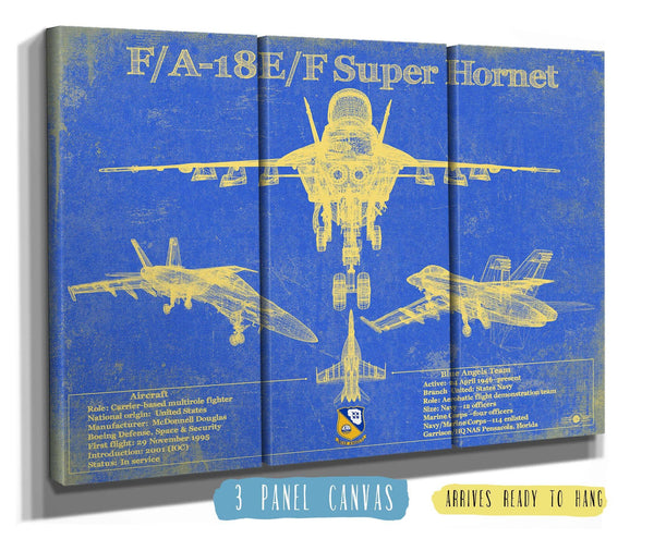 36" x 24" / 3 Panel Canvas Wrap Cutler West Blue Angels F/A-18F Super Hornet Patent Blueprint Original Military Wall Art