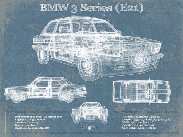 14" x 11" / Unframed Cutler West BMW 3 Series E21 Vintage Blueprint Auto Print
