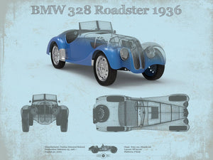 14" x 11" / Unframed Cutler West BMW 328 Roadster 1936 Blueprint Vintage Auto Print