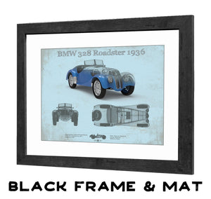 20" x 16" / Black Frame & Mat Cutler West BMW 328 Roadster 1936 Blueprint Vintage Auto Print