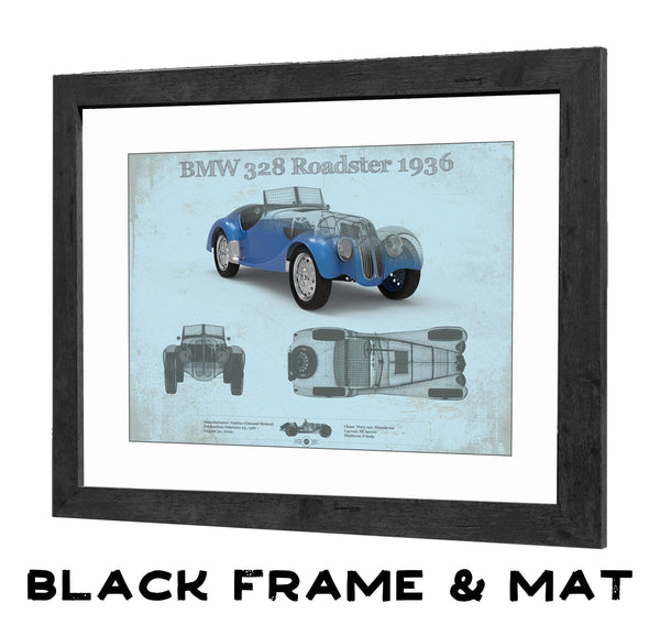 20" x 16" / Black Frame & Mat Cutler West BMW 328 Roadster 1936 Blueprint Vintage Auto Print