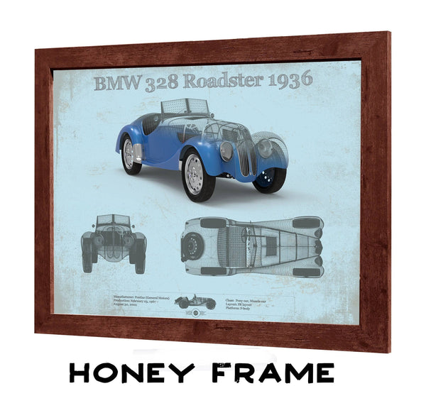 20" x 16" / Walnut Frame Cutler West BMW 328 Roadster 1936 Blueprint Vintage Auto Print