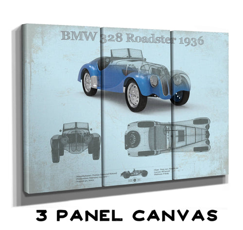36" x 24" / 3 Panel Canvas Wrap Cutler West BMW 328 Roadster 1936 Blueprint Vintage Auto Print