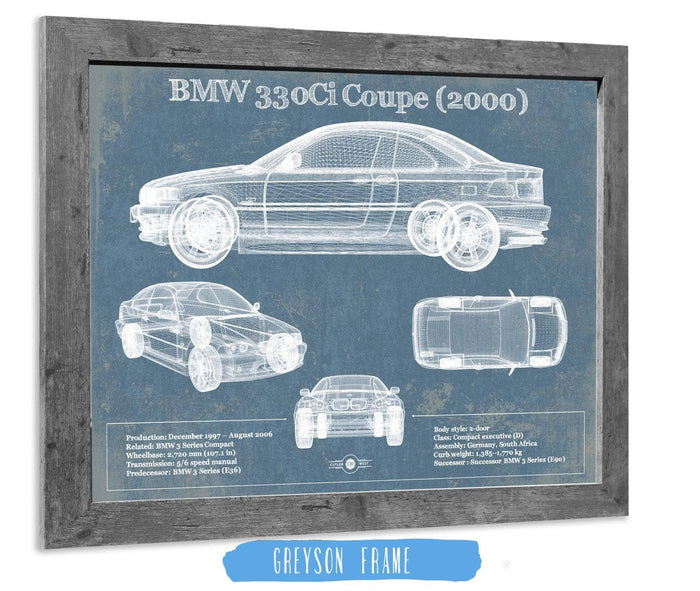 Cutler West Vehicle Collection 14" x 11" / Greyson Frame BMW 330Ci Coupe 2000 Blueprint Vintage Auto Print 878283256_47952