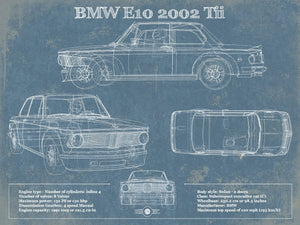 14" x 11" / Unframed Cutler West BMW E10 2002 Tii Blueprint Vintage Auto Print