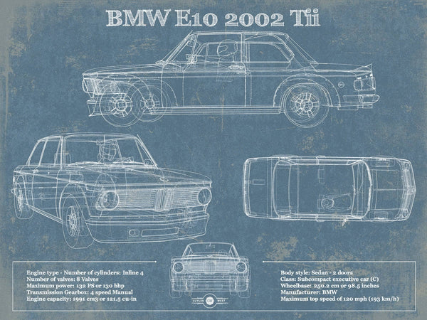 14" x 11" / Unframed Cutler West BMW E10 2002 Tii Blueprint Vintage Auto Print