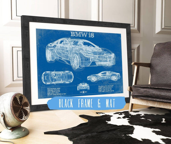 20" x 16" / Black Frame & Mat Cutler West BMW I8 Vintage Blueprint Auto Print