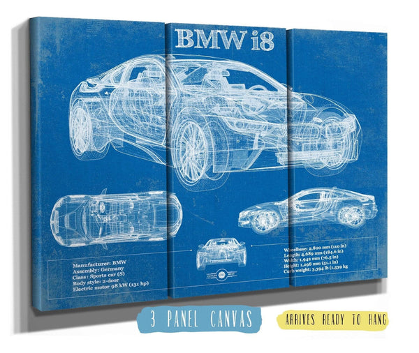 36" x 24" / 3 Panel Canvas Wrap Cutler West BMW I8 Vintage Blueprint Auto Print