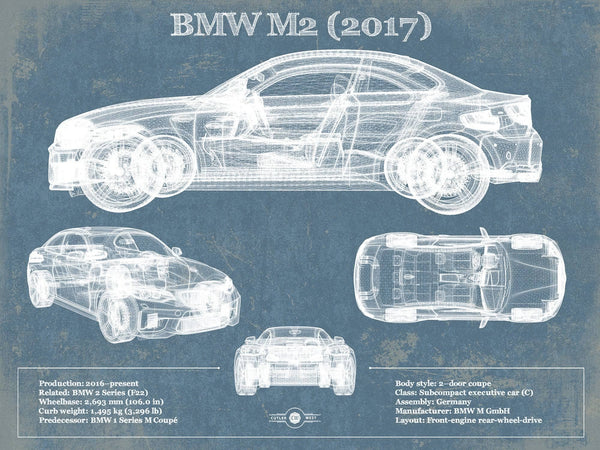 14" x 11" / Unframed Cutler West BMW M2 2017 Blueprint Vintage Auto Print