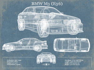 14" x 11" / Unframed Cutler West BMW M3 (E36) Vintage Blueprint Auto Print