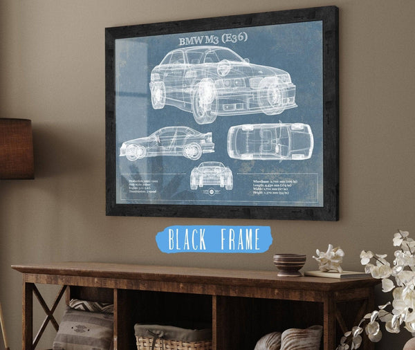20" x 16" / Black Frame Cutler West BMW M3 (E36) Vintage Blueprint Auto Print