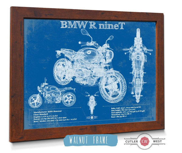 20" x 16" / Walnut Frame Cutler West BMW R nine T Blueprint Vintage Motorcycle Print