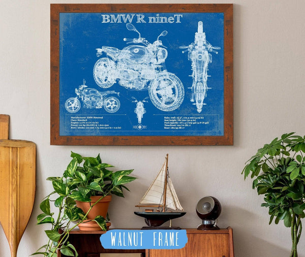 20" x 16" / Walnut Frame & Mat Cutler West BMW R nine T Blueprint Vintage Motorcycle Print