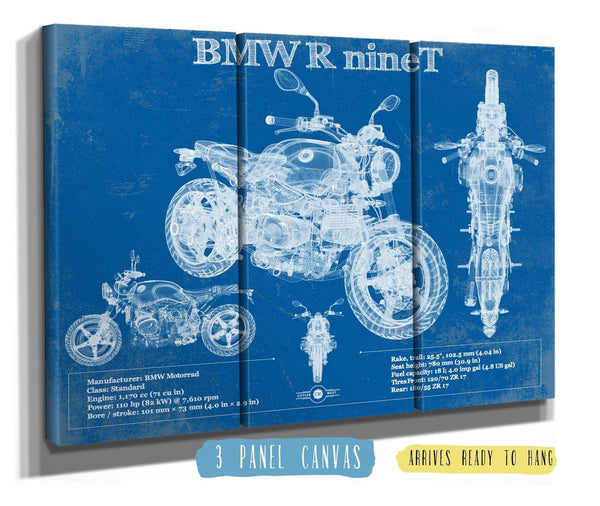 36" x 24" / 3 Panel Canvas Wrap Cutler West BMW R nine T Blueprint Vintage Motorcycle Print