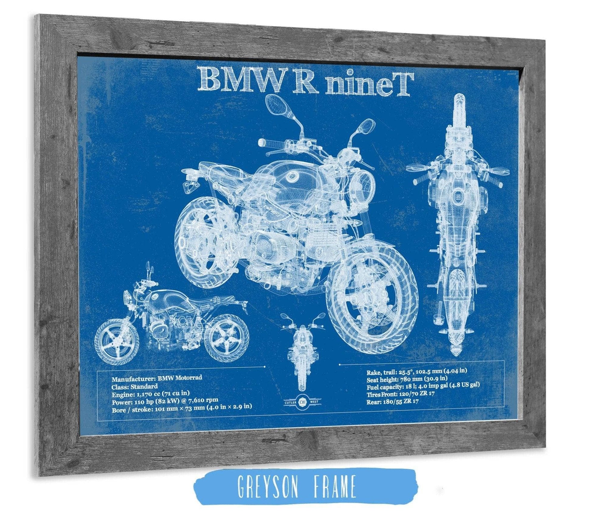 Cutler West Vehicle Collection 14" x 11" / Greyson Frame BMW R nine T Blueprint Vintage Motorcycle Print 945000346_47556