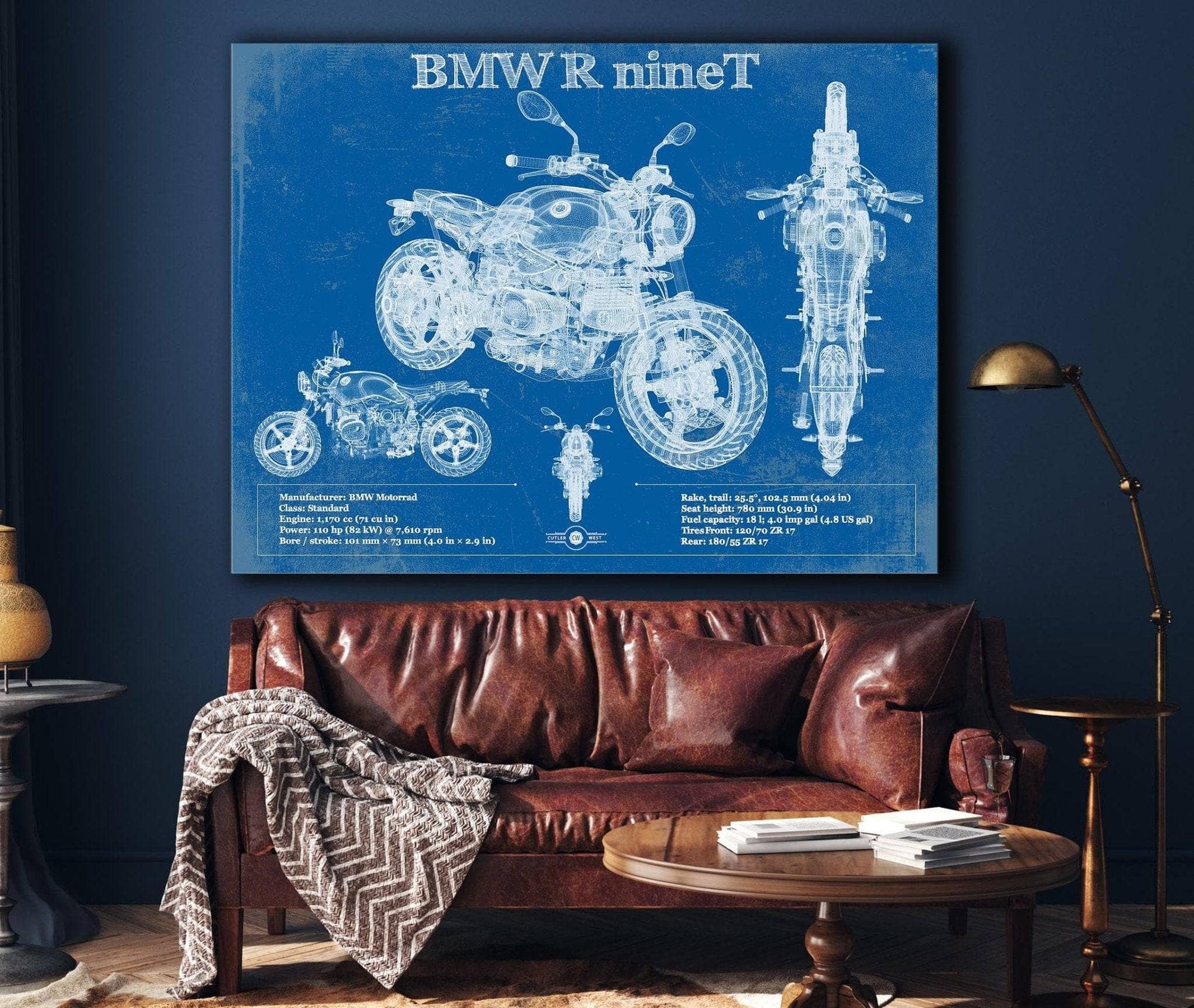 Cutler West Vehicle Collection BMW R nine T Blueprint Vintage Motorcycle Print
