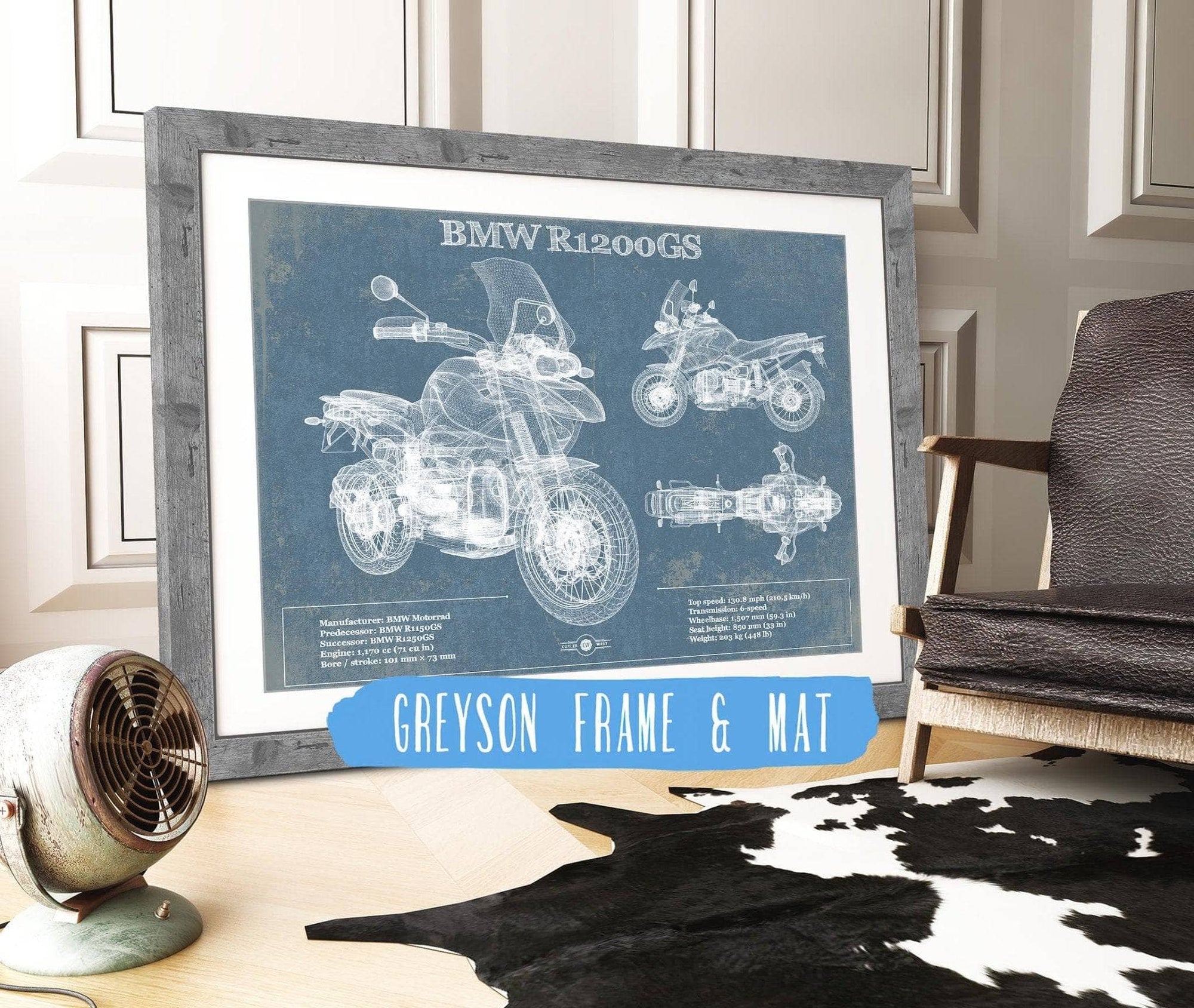 14" x 11" / Greyson Frame & Mat Cutler West BMW R1200GS Blueprint Motorcycle Patent Print