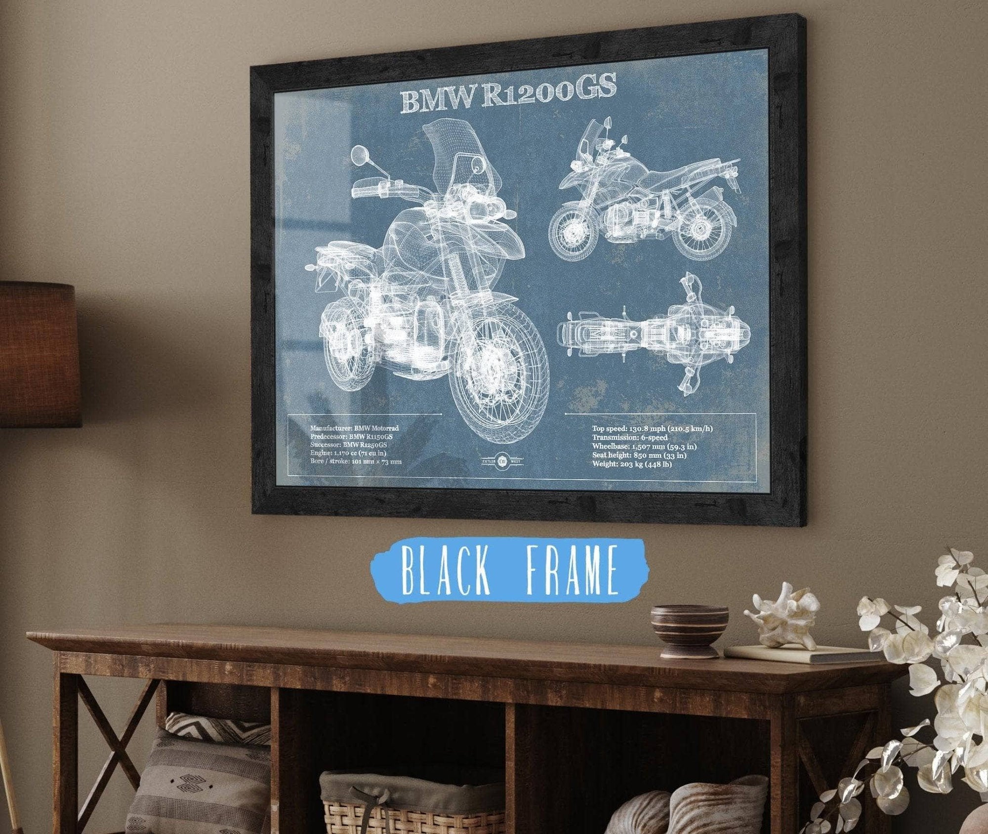 20" x 16" / Black Frame Cutler West BMW R1200GS Blueprint Motorcycle Patent Print