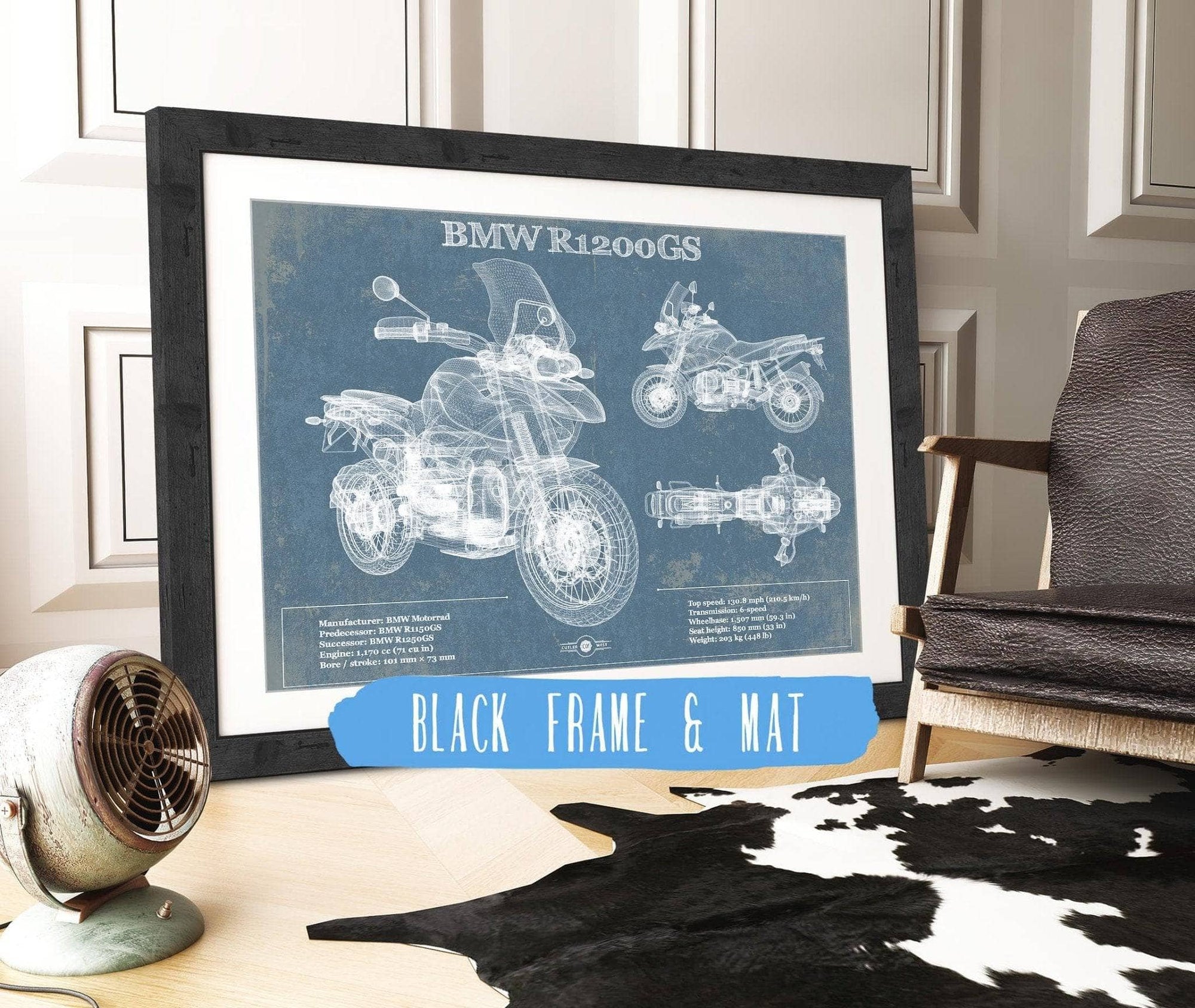 20" x 16" / Black Frame & Mat Cutler West BMW R1200GS Blueprint Motorcycle Patent Print