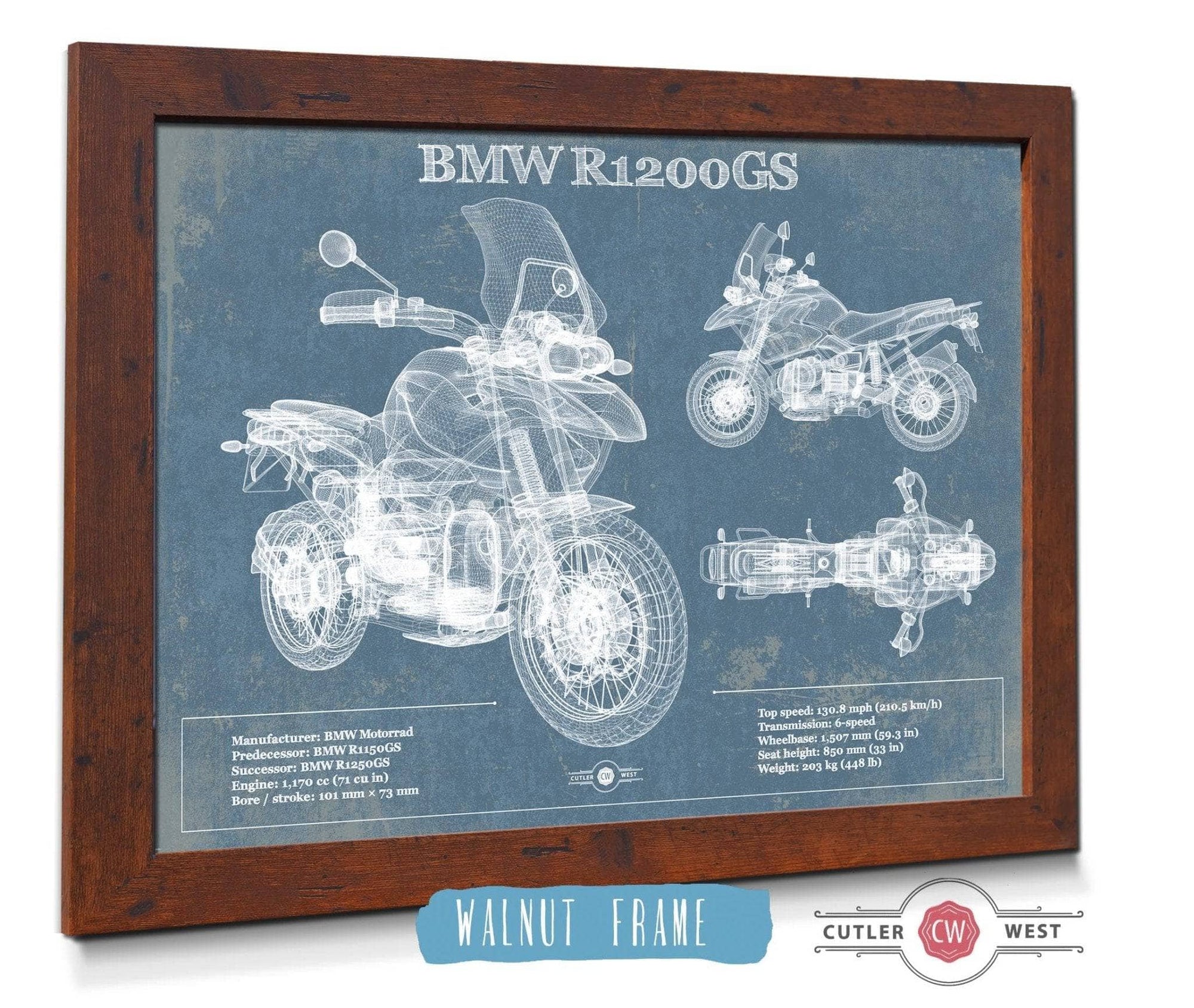 24" x 18" / Walnut Frame Cutler West BMW R1200GS Blueprint Motorcycle Patent Print