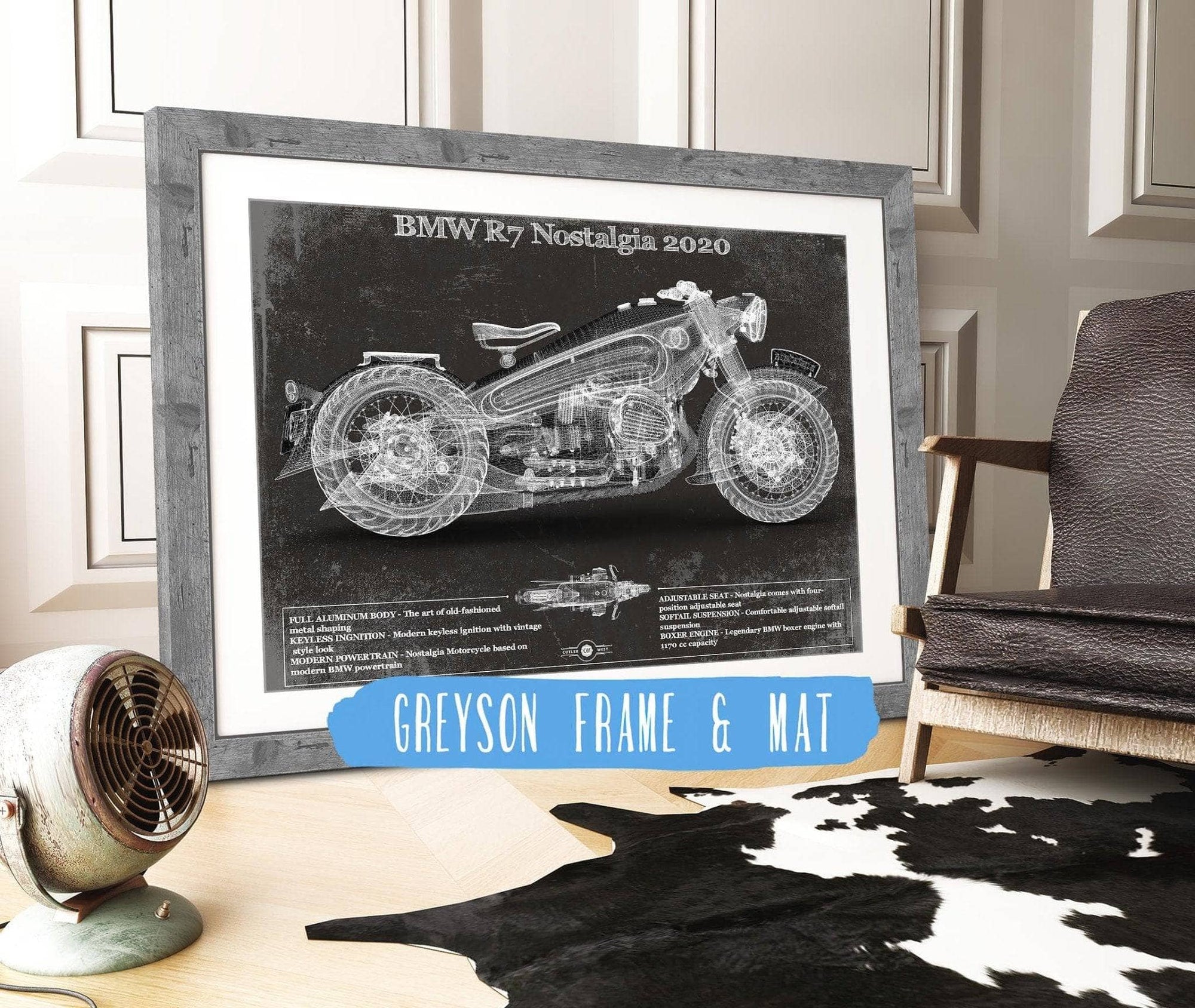 Cutler West Vehicle Collection 14" x 11" / Greyson Frame & Mat BMW R7 Nostalgia 2020 Blueprint Motorcycle Patent Print 845000198_47623