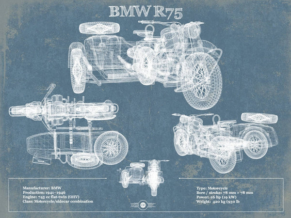 14" x 11" / Unframed Cutler West BMW R75 Blueprint Motorcycle Patent Print