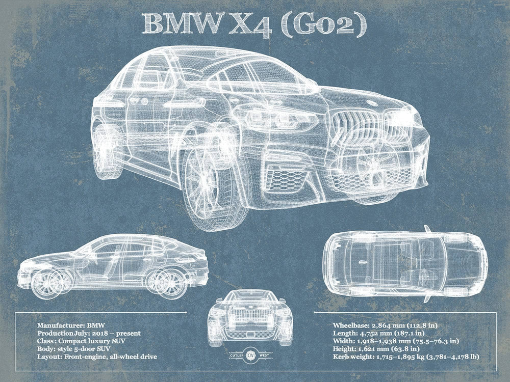 14" x 11" / Stretched Canvas Wrap Cutler West BMW X4 (G02) Vintage Blueprint Auto Print