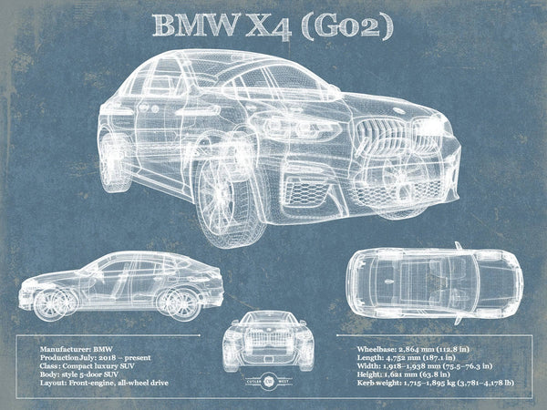 14" x 11" / Unframed Cutler West BMW X4 (G02) Vintage Blueprint Auto Print