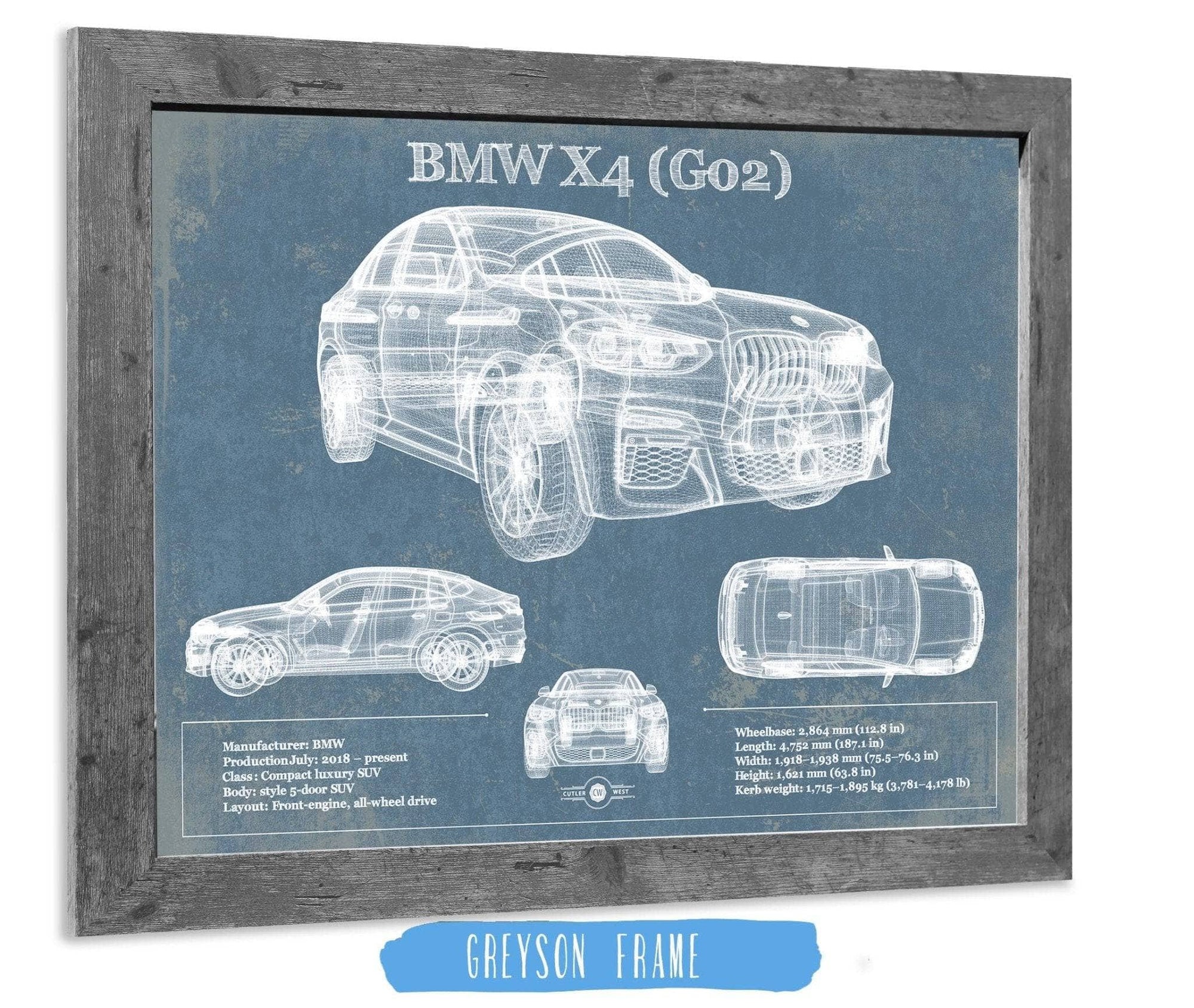 Cutler West Vehicle Collection 14" x 11" / Greyson Frame BMW X4 (G02) Vintage Blueprint Auto Print 833110088_49074