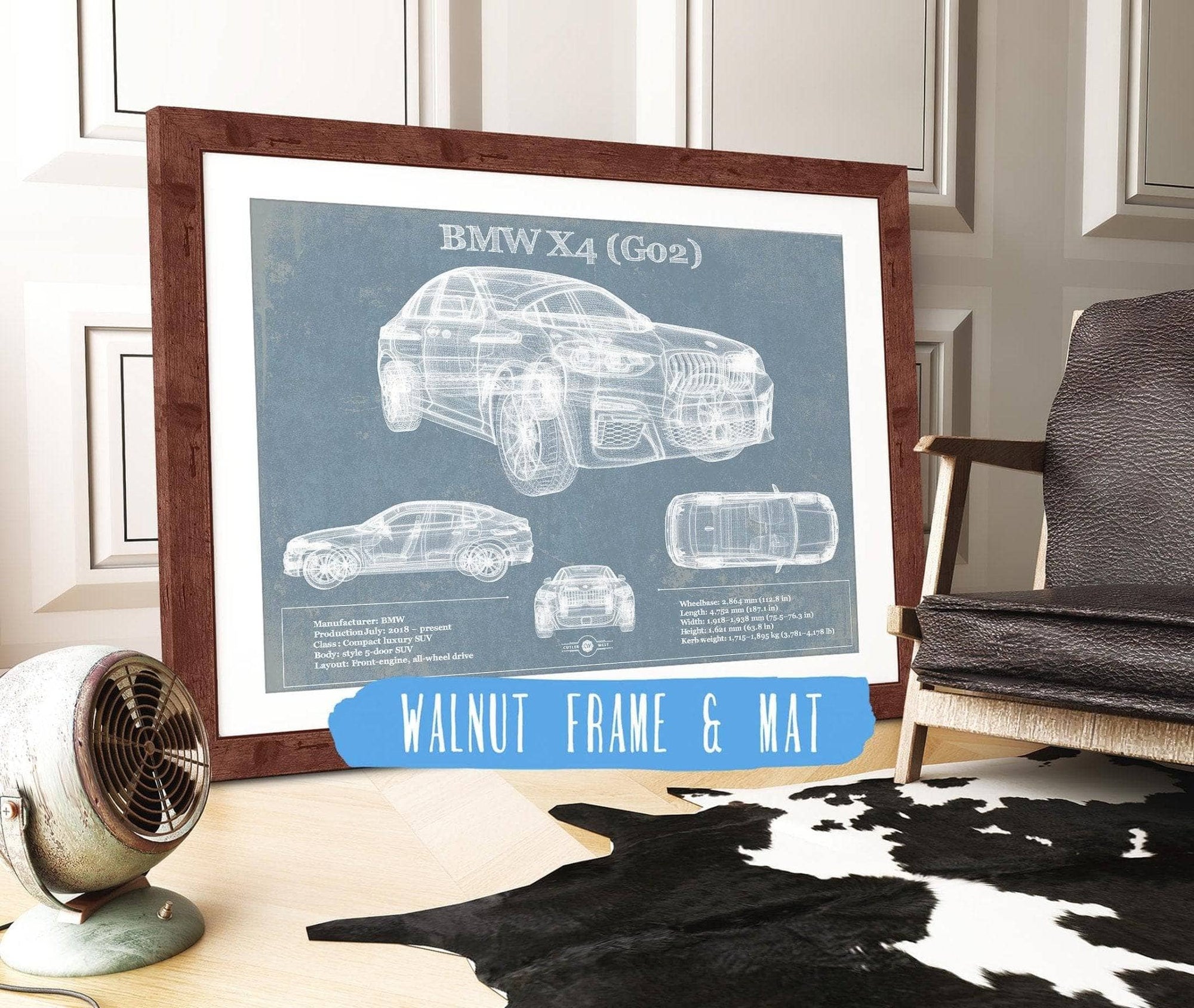 Cutler West Vehicle Collection 14" x 11" / Walnut Frame & Mat BMW X4 (G02) Vintage Blueprint Auto Print 833110088_49071
