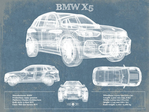 14" x 11" / Unframed Cutler West BMW X5 Vintage Blueprint Auto Print