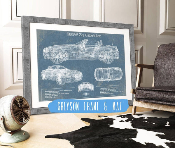 14" x 11" / Greyson Frame & Mat Cutler West BMW Z4 Cabriolet Vintage Blueprint Auto Print