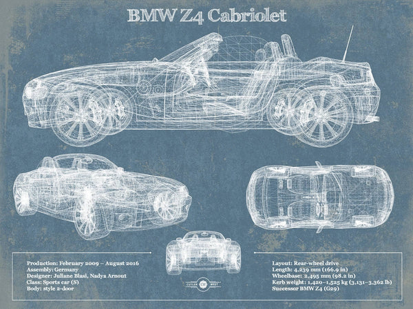 14" x 11" / Unframed Cutler West BMW Z4 Cabriolet Vintage Blueprint Auto Print