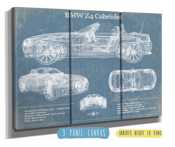 36" x 24" / 3 Panel Canvas Wrap Cutler West BMW Z4 Cabriolet Vintage Blueprint Auto Print