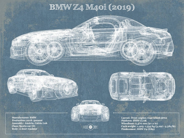 14" x 11" / Unframed Cutler West BMW Z4 M40i (2019) Vintage Blueprint Auto Print