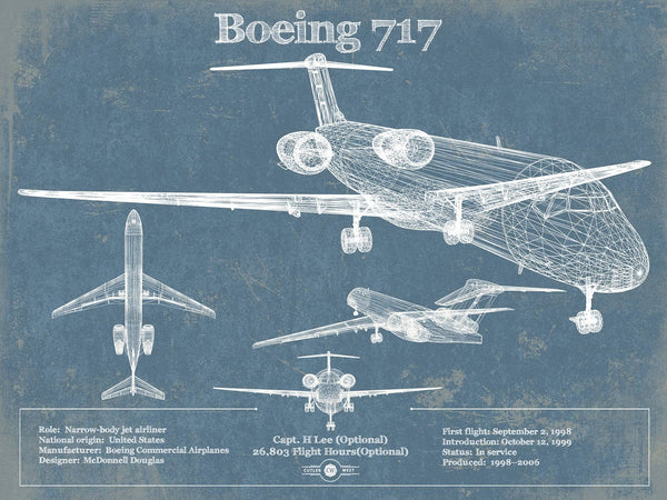 14" x 11" / Unframed Cutler West Boeing 717 Vintage Aviation Blueprint Print - Custom Pilot Name Can Be Added
