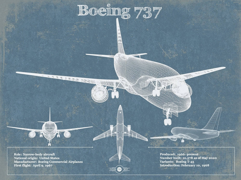 14" x 11" / Stretched Canvas Wrap Cutler West Boeing 737 Vintage Aviation Blueprint Print - Custom Pilot Name Can Be Added