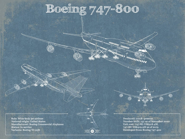 14" x 11" / Unframed Cutler West Boeing 747-800 Vintage Aviation Blueprint Print - Custom Pilot Name Can Be Added